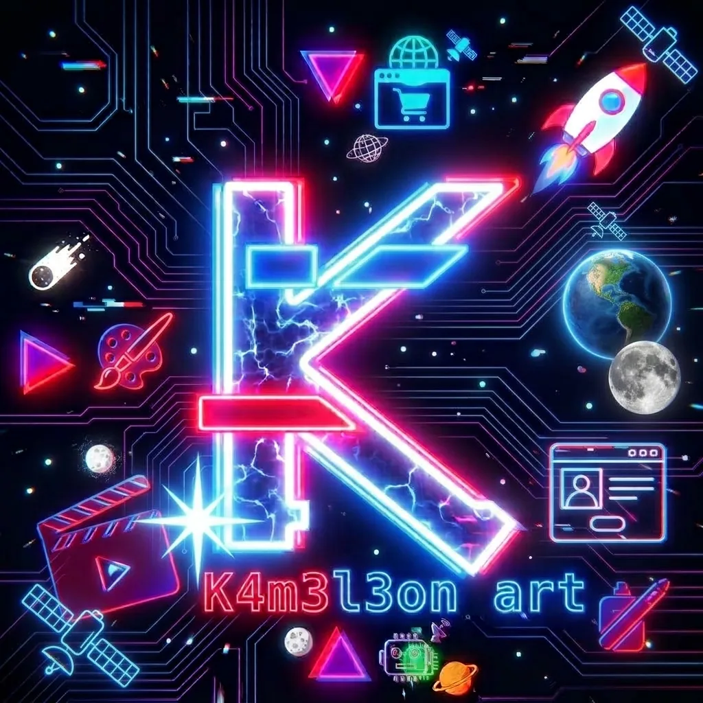 Logo K4m3l3on Art – neonowa litera K w kosmicznym, cyfrowym stylu