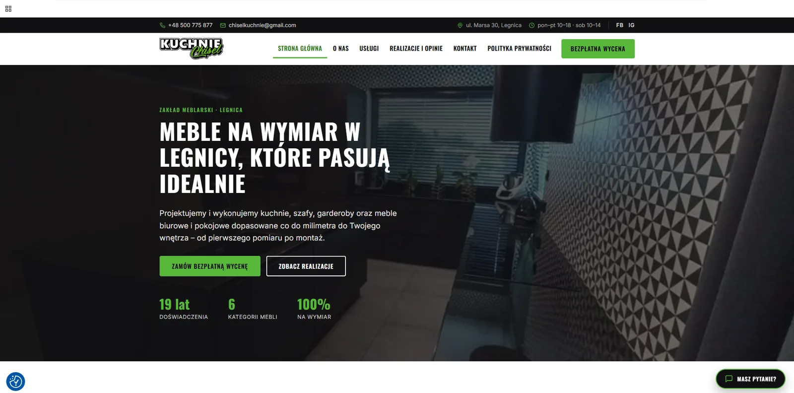 Strona główna zakładu meblarskiego Kuchnie Chisel z Legnicy – realizacja K4m3l3on Art